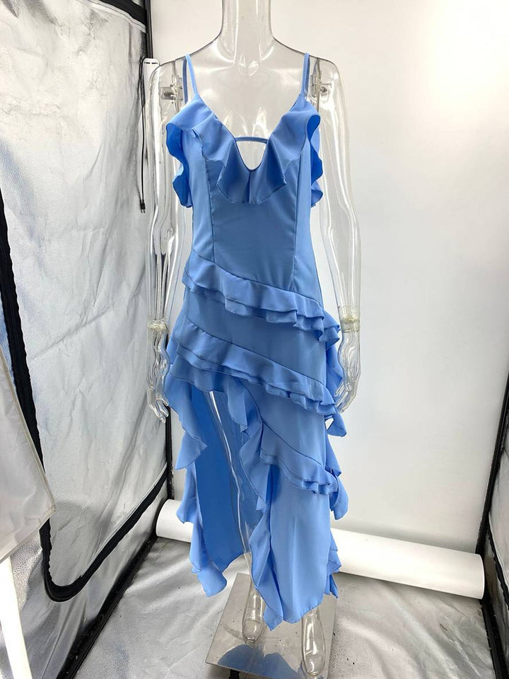 Levoire | Robe De Plage Longue Irrégulière Avec Fente Et Volants, À Bretelles Fines, Décolleté En V, Sans Manches, Élégante, Décontractée, Bal De Fin D'Année