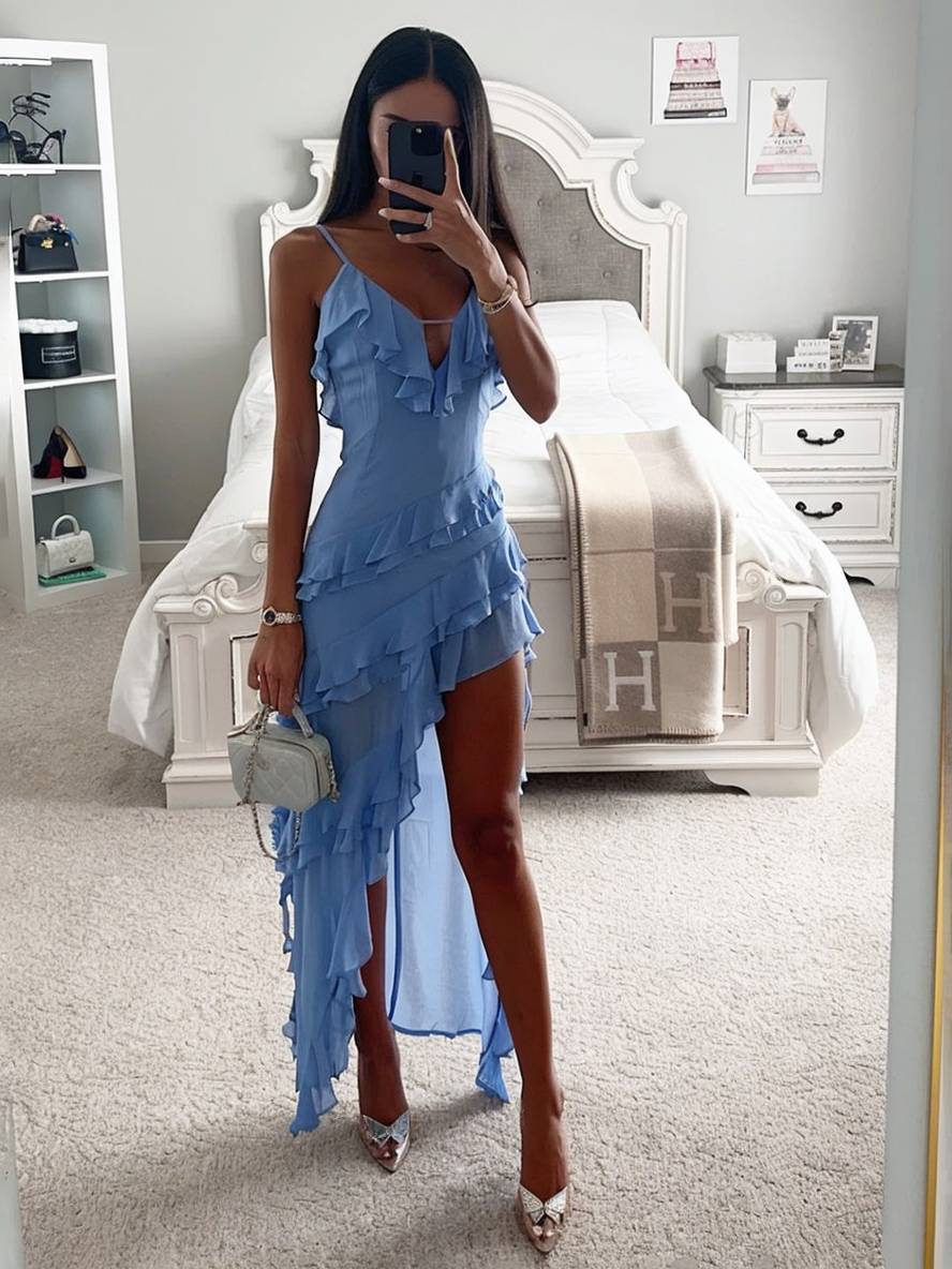 Levoire | Robe De Plage Longue Irrégulière Avec Fente Et Volants, À Bretelles Fines, Décolleté En V, Sans Manches, Élégante, Décontractée, Bal De Fin D'Année