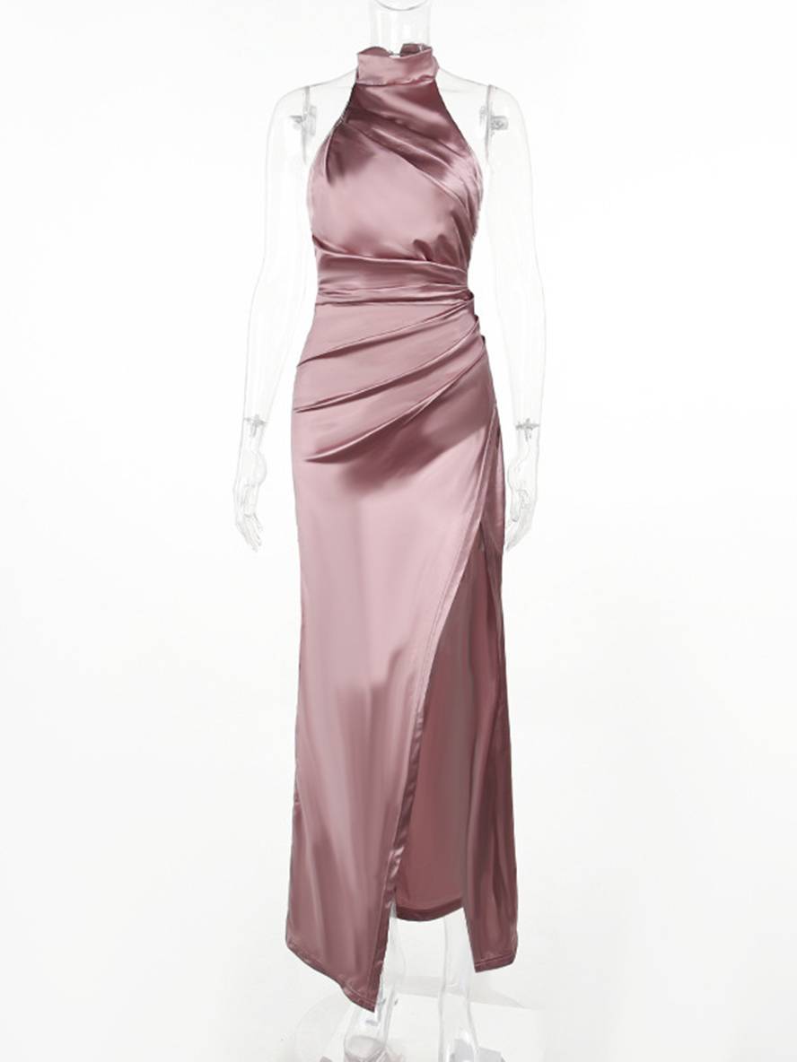 Levoire | Robe En Satin Longue Avec Fente Sur Le Côté Dos Nu Col Montant Sans Manches Élégante Robe De Soirée Bal De Fin D'Année