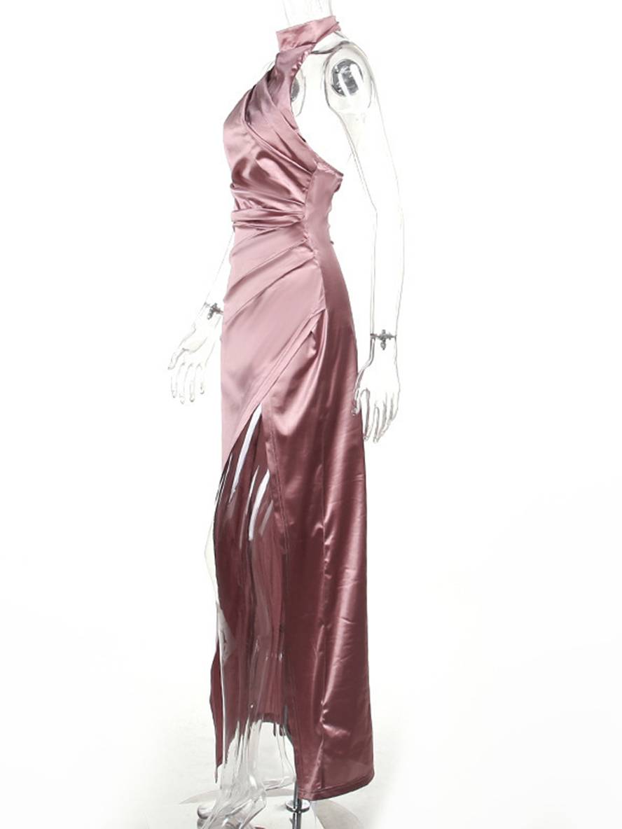 Levoire | Robe En Satin Longue Avec Fente Sur Le Côté Dos Nu Col Montant Sans Manches Élégante Robe De Soirée Bal De Fin D'Année