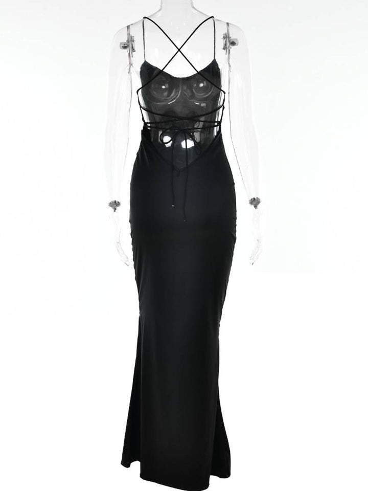 Levoire | Robe Longue En Satin Ajustée Décolleté En V Sirène Dos Nu Avec Fins Bretelles Sans Manches Élégante Invité Mariage Soirée