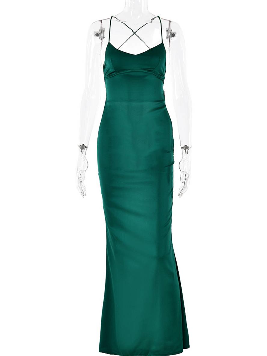 Levoire | Robe Longue En Satin Ajustée Décolleté En V Sirène Dos Nu Avec Fins Bretelles Sans Manches Élégante Invité Mariage Soirée