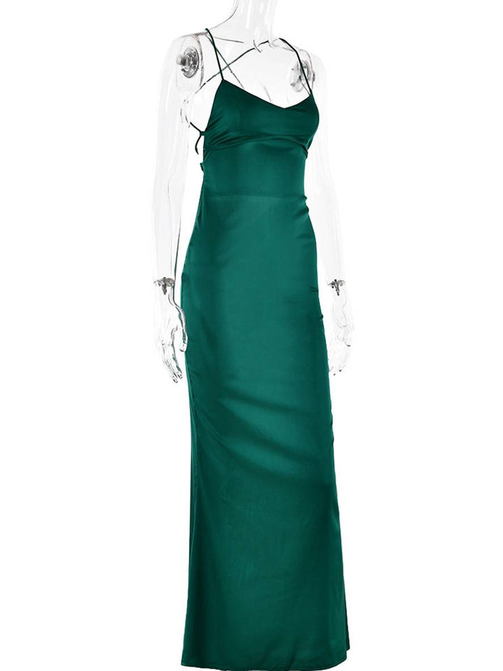 Levoire | Robe Longue En Satin Ajustée Décolleté En V Sirène Dos Nu Avec Fins Bretelles Sans Manches Élégante Invité Mariage Soirée