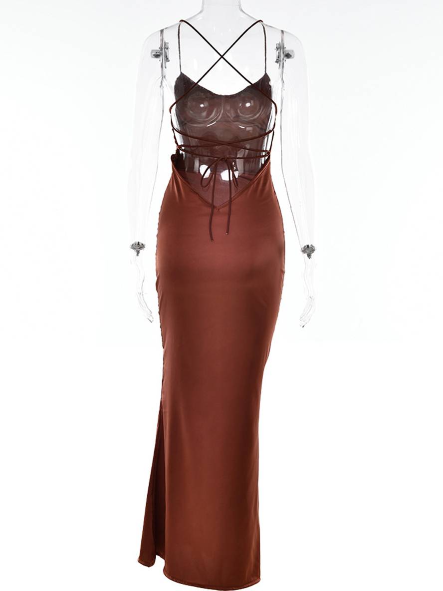 Levoire | Robe Longue En Satin Ajustée Décolleté En V Sirène Dos Nu Avec Fins Bretelles Sans Manches Élégante Invité Mariage Soirée
