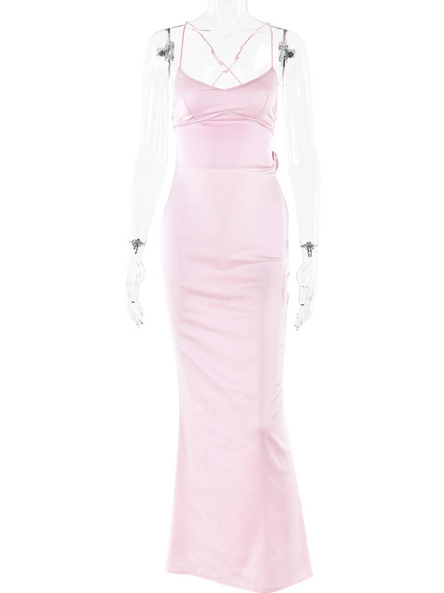 Levoire | Robe Longue En Satin Ajustée Décolleté En V Sirène Dos Nu Avec Fins Bretelles Sans Manches Élégante Invité Mariage Soirée