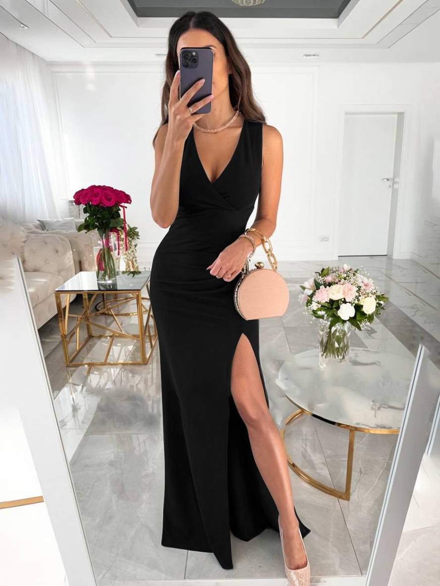 Levoire | Robe À Décolleté En V Fente Latérale Longue Sans Manches Femme Élégante Soirée Invités Mariage Noir