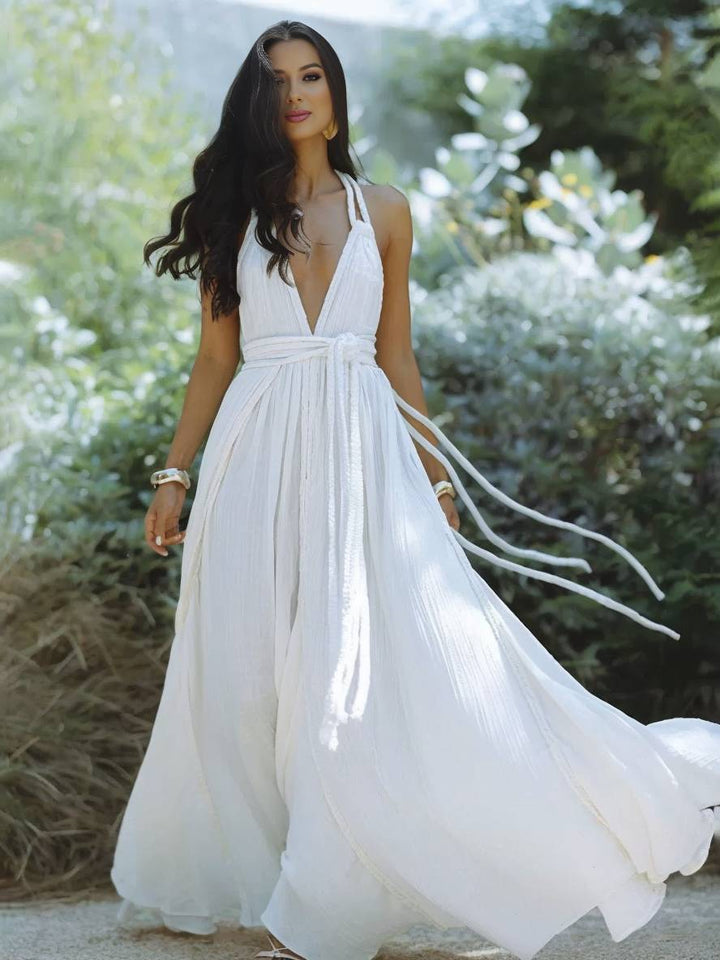 Levoire | Robe Longue Décolleté Plongeant Harnais Dos Nu Ceinture Sans Manches Femme Boho Élégante Décontractée Plage Blanc UNE TAILLE