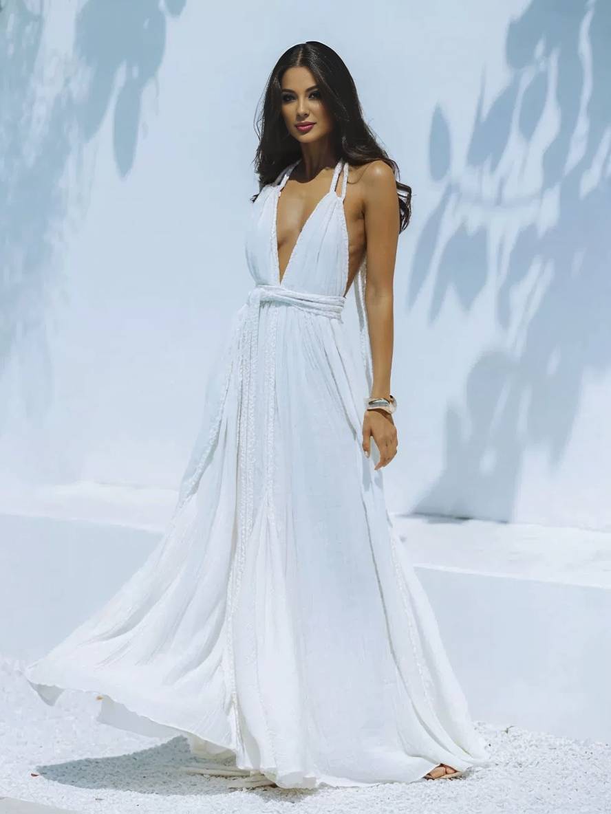 Levoire | Robe Longue Décolleté Plongeant Harnais Dos Nu Ceinture Sans Manches Femme Boho Élégante Décontractée Plage