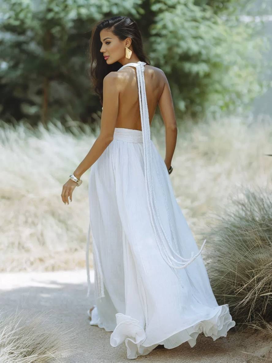 Levoire | Robe Longue Décolleté Plongeant Harnais Dos Nu Ceinture Sans Manches Femme Boho Élégante Décontractée Plage
