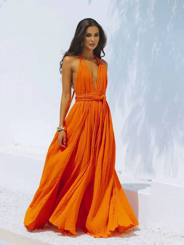 Levoire | Robe Longue Décolleté Plongeant Harnais Dos Nu Ceinture Sans Manches Femme Boho Élégante Décontractée Plage