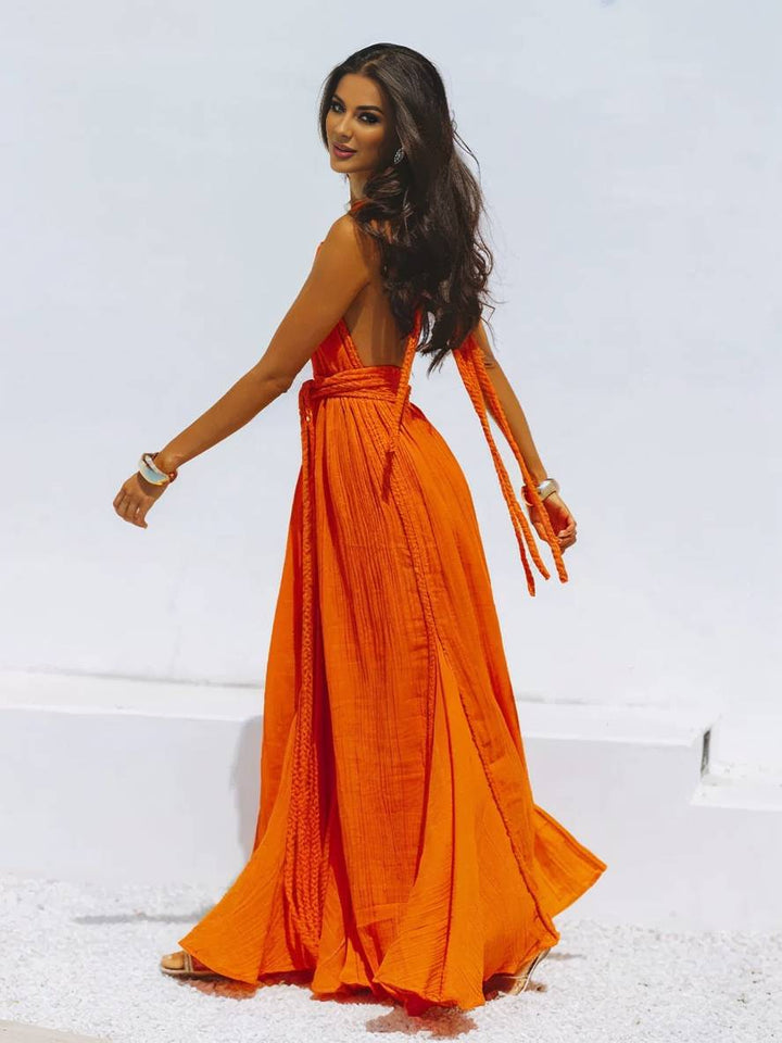 Levoire | Robe Longue Décolleté Plongeant Harnais Dos Nu Ceinture Sans Manches Femme Boho Élégante Décontractée Plage