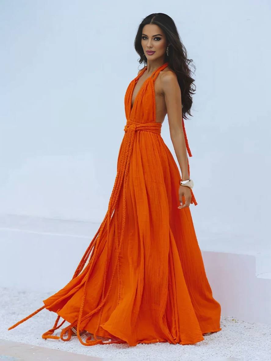 Levoire | Robe Longue Décolleté Plongeant Harnais Dos Nu Ceinture Sans Manches Femme Boho Élégante Décontractée Plage