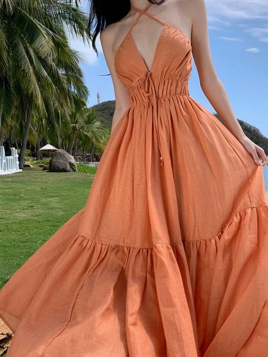 Levoire | Robe Longue À Col En V Avec Volant Sans Manches Mode D'Été Pour Femmes