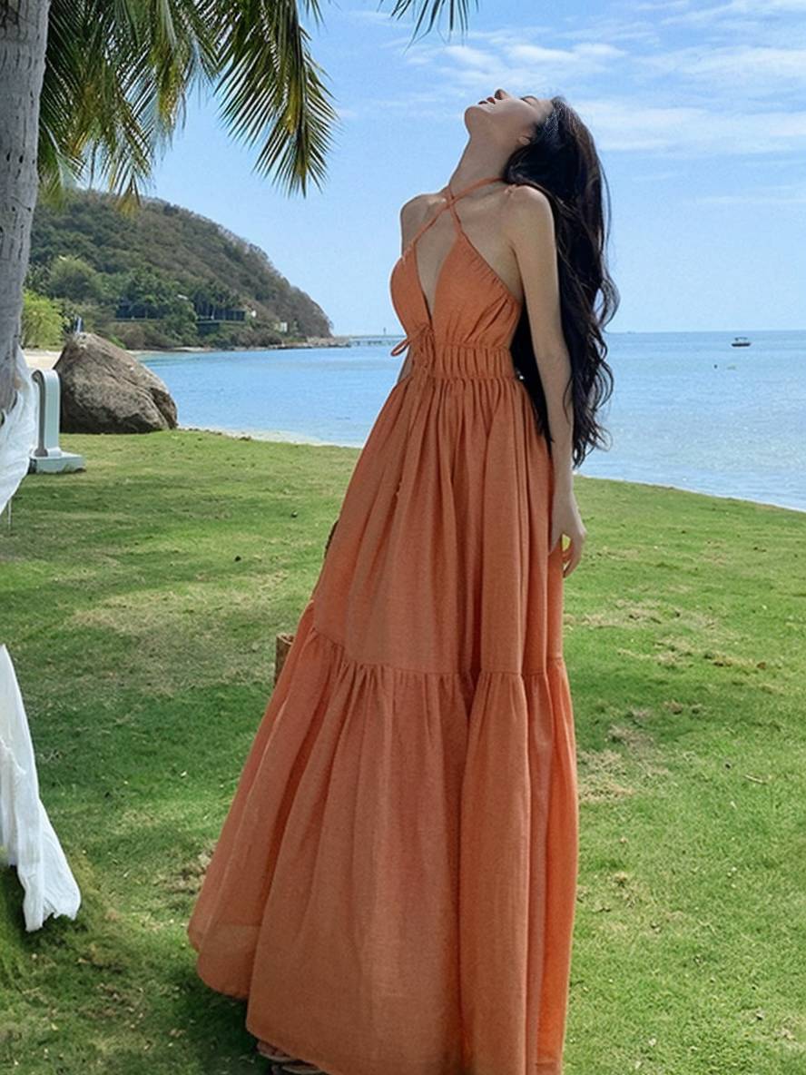 Levoire | Robe Longue À Col En V Avec Volant Sans Manches Mode D'Été Pour Femmes