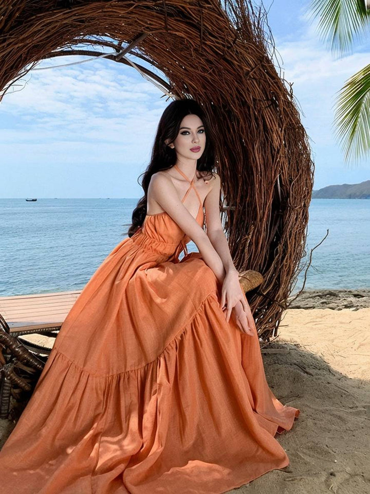 Levoire | Robe Longue À Col En V Avec Volant Sans Manches Mode D'Été Pour Femmes