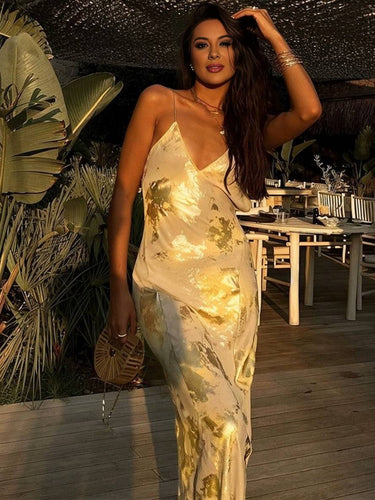 Levoire | Robe Longue Ajustée Bronzante À Décolleté En V Avec Fines Bretelles Dos Nu Sans Manches Pour Dames Élégante Soirée Plage