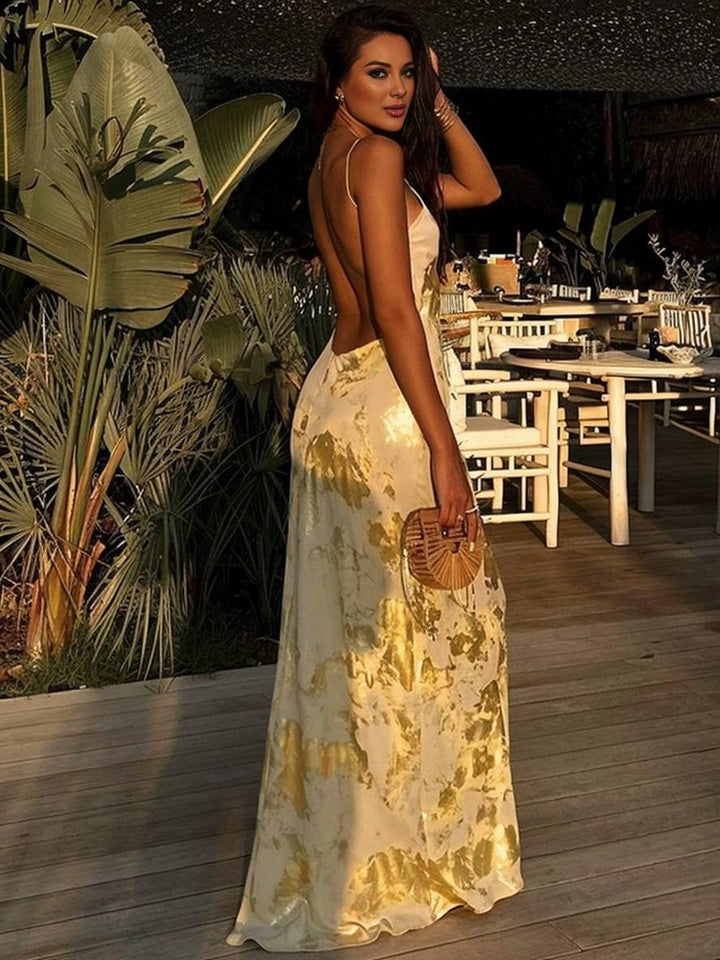 Levoire | Robe Longue Ajustée Bronzante À Décolleté En V Avec Fines Bretelles Dos Nu Sans Manches Pour Dames Élégante Soirée Plage