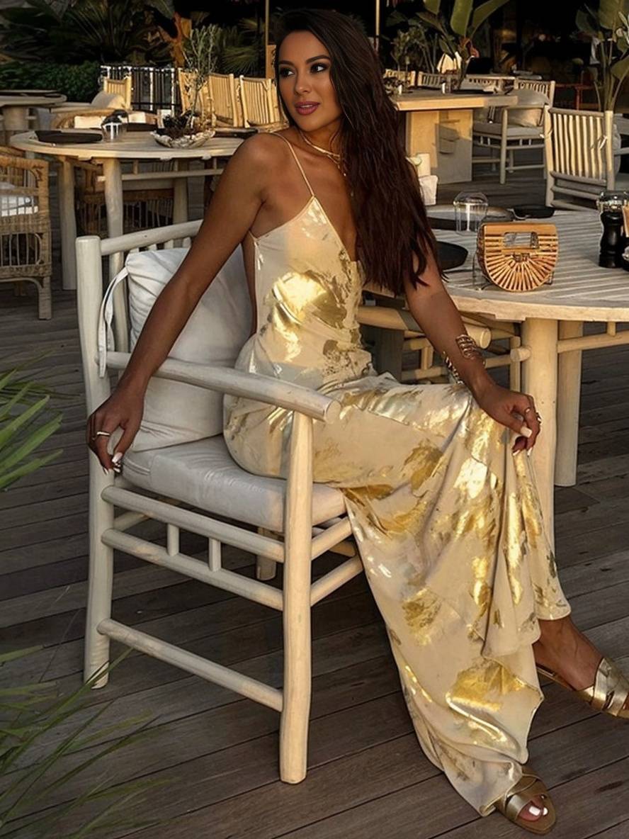 Levoire | Robe Longue Ajustée Bronzante À Décolleté En V Avec Fines Bretelles Dos Nu Sans Manches Pour Dames Élégante Soirée Plage