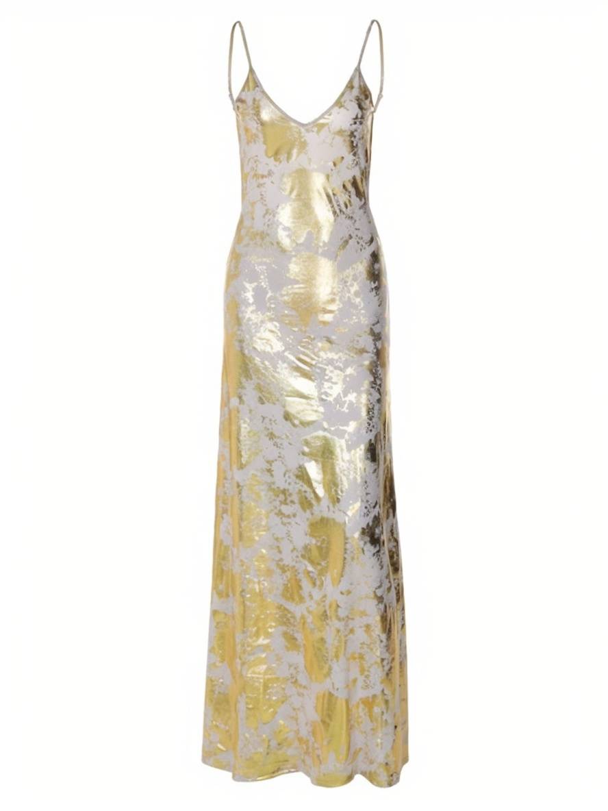 Levoire | Robe Longue Ajustée Bronzante À Décolleté En V Avec Fines Bretelles Dos Nu Sans Manches Pour Dames Élégante Soirée Plage