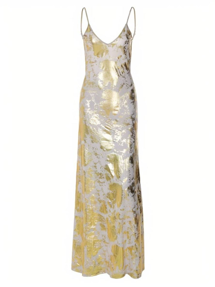 Levoire | Robe Longue Ajustée Bronzante À Décolleté En V Avec Fines Bretelles Dos Nu Sans Manches Pour Dames Élégante Soirée Plage