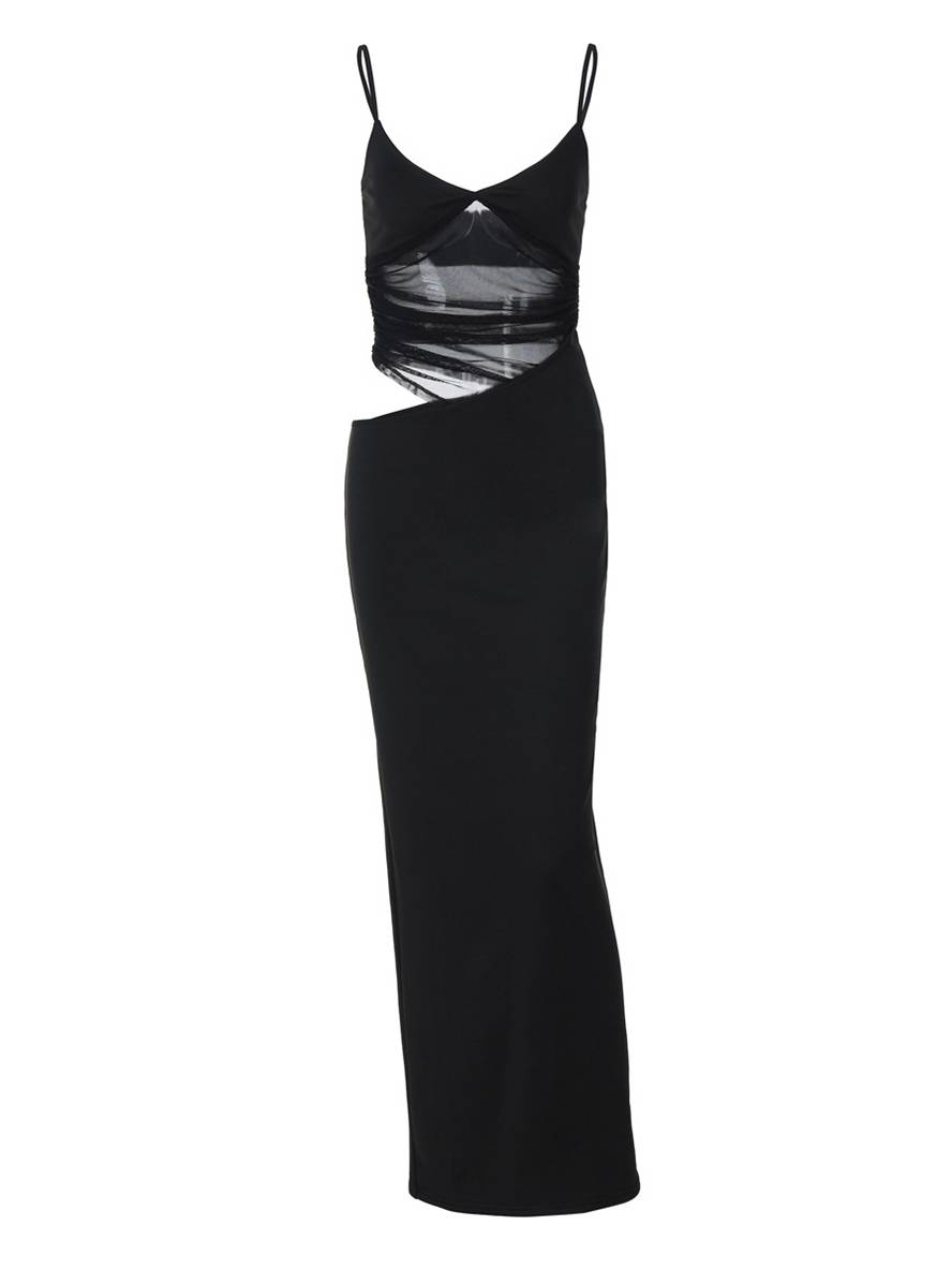 Levoire | Long Taille Près Du Corps Transparent Tulle Décolleté En V Avec Fente Et Fins Bretelles Sans Manches Femme Décontracté Casual