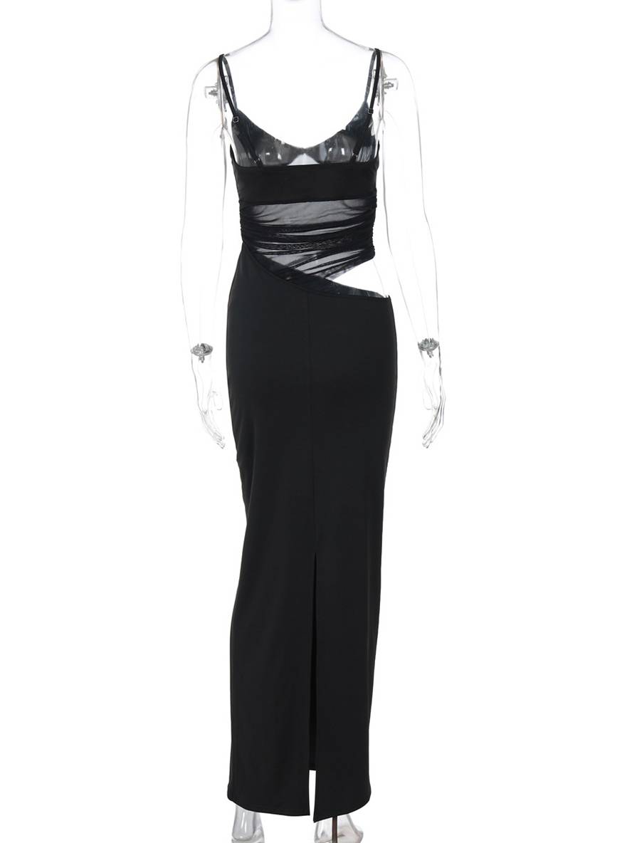 Levoire | Long Taille Près Du Corps Transparent Tulle Décolleté En V Avec Fente Et Fins Bretelles Sans Manches Femme Décontracté Casual