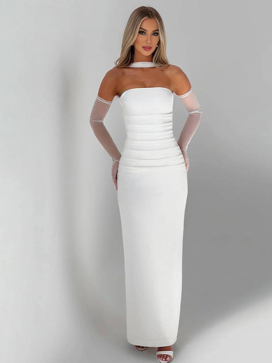 Levoire | Robe Bustier Tulle Longue Moulante Avec Gants En 2 Parties Femme Élégant Vintage Robe De Soirée Pour Mariage Blanc