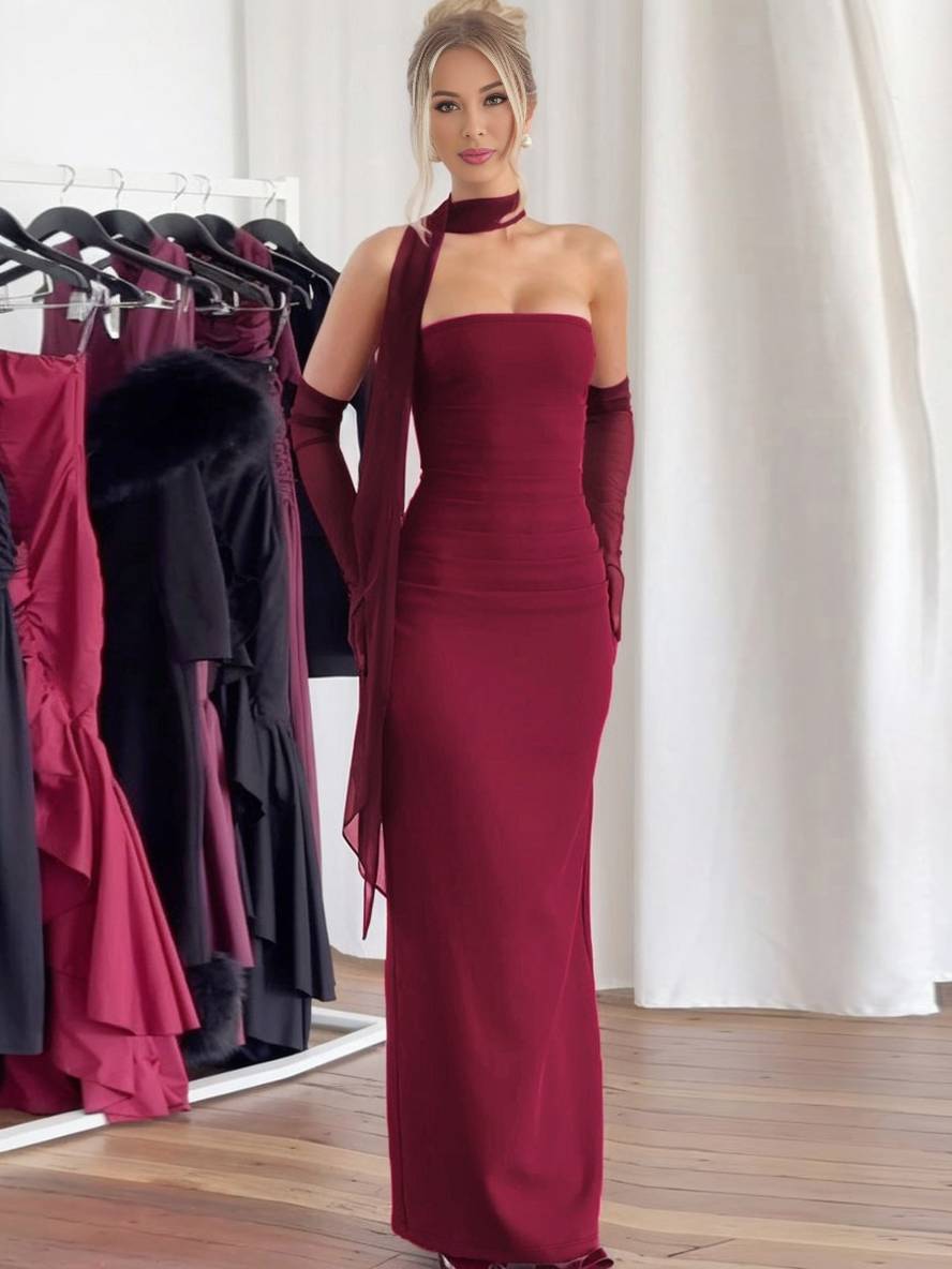 Levoire | Robe Bustier Tulle Longue Moulante Avec Gants En 2 Parties Femme Élégant Vintage Robe De Soirée Pour Mariage Bordeaux