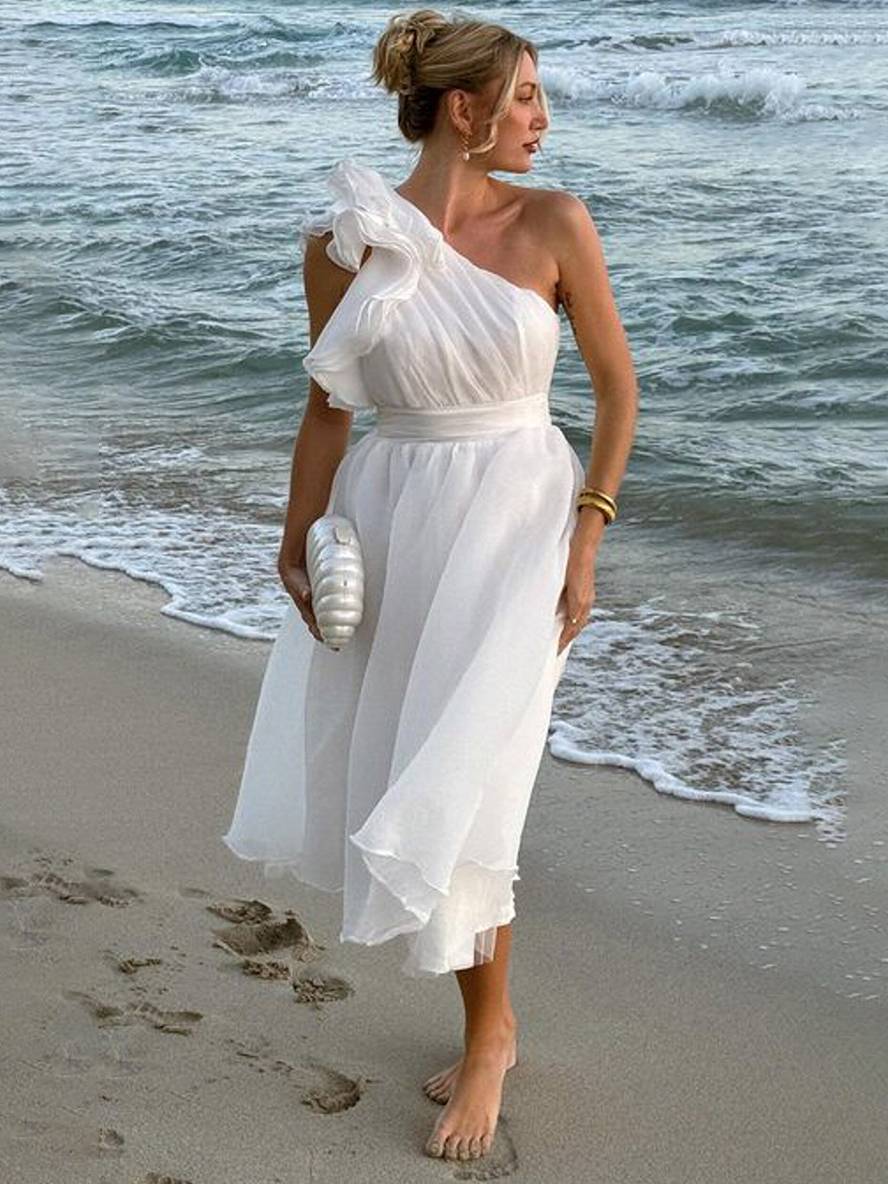 Levoire | Robe Longue À Une Épaule Fluide Avec Volants Dos Nu Sans Manches Élégante Décontractée Plage Blanc