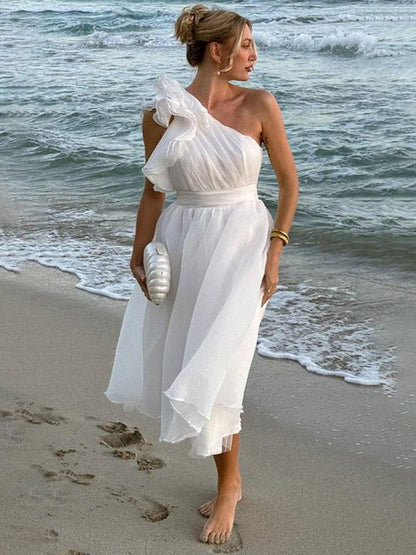 Levoire | Robe Longue À Une Épaule Fluide Avec Volants Dos Nu Sans Manches Élégante Décontractée Plage Blanc