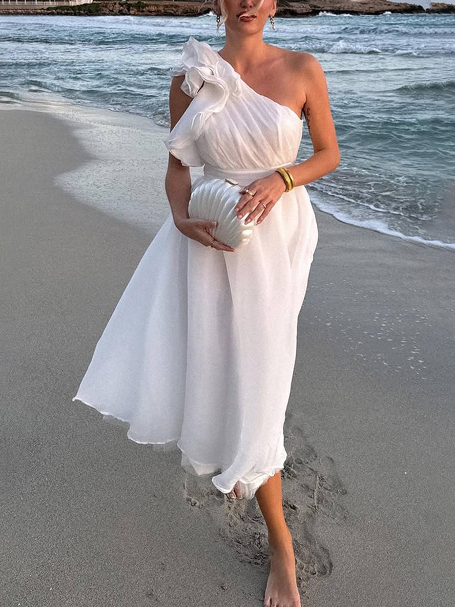 Levoire | Robe Longue À Une Épaule Fluide Avec Volants Dos Nu Sans Manches Élégante Décontractée Plage