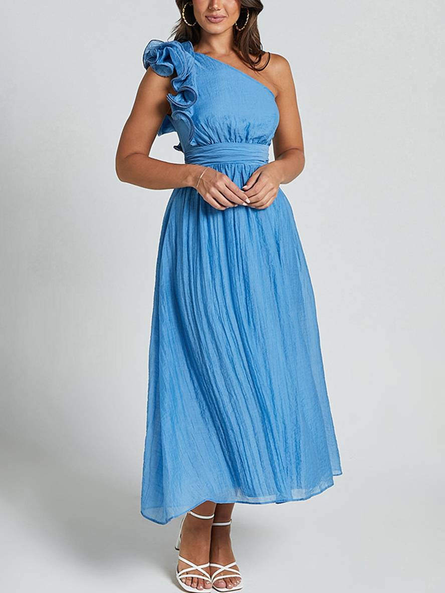 Levoire | Robe Longue À Une Épaule Fluide Avec Volants Dos Nu Sans Manches Élégante Décontractée Plage Bleu