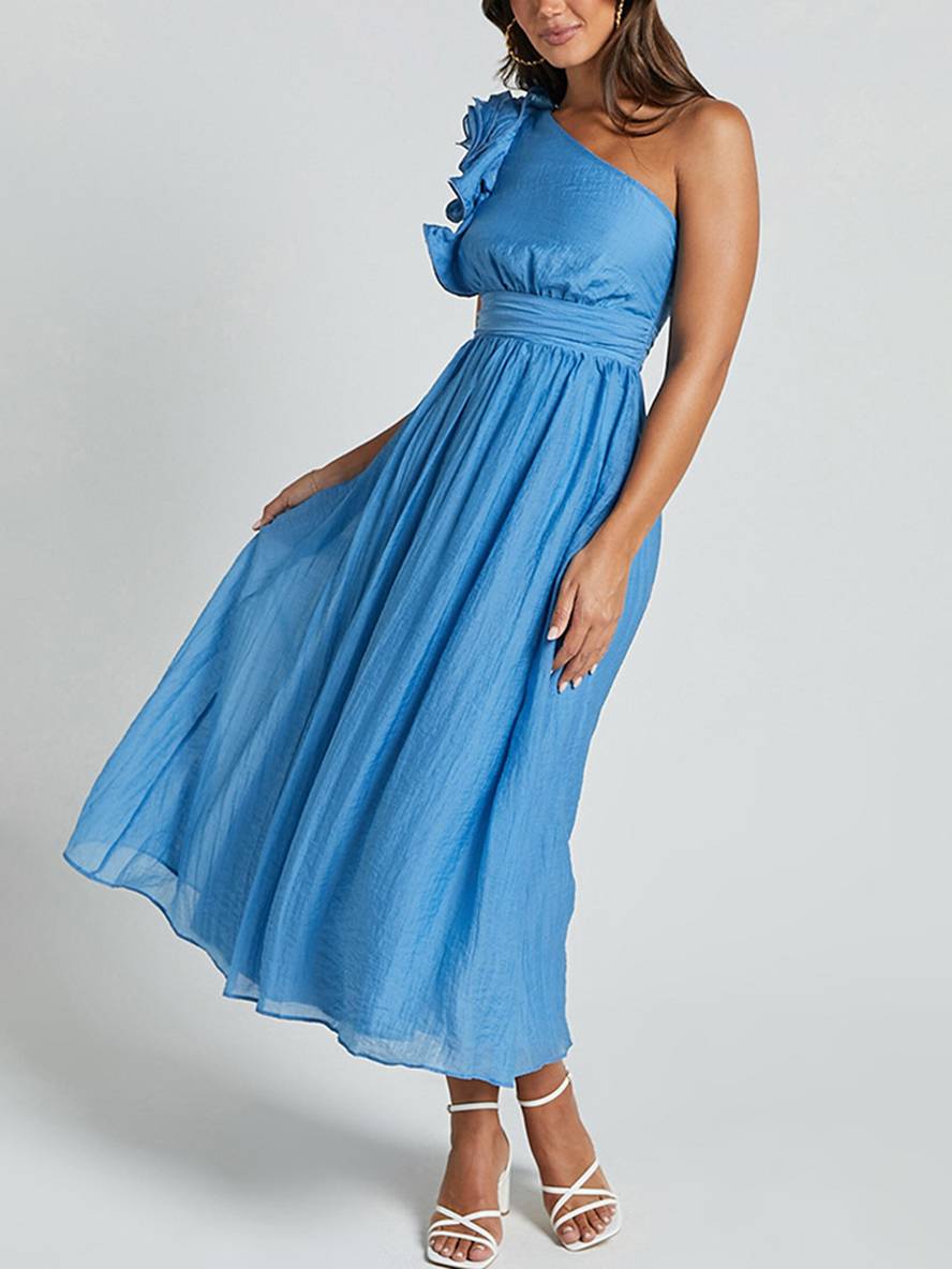 Levoire | Robe Longue À Une Épaule Fluide Avec Volants Dos Nu Sans Manches Élégante Décontractée Plage