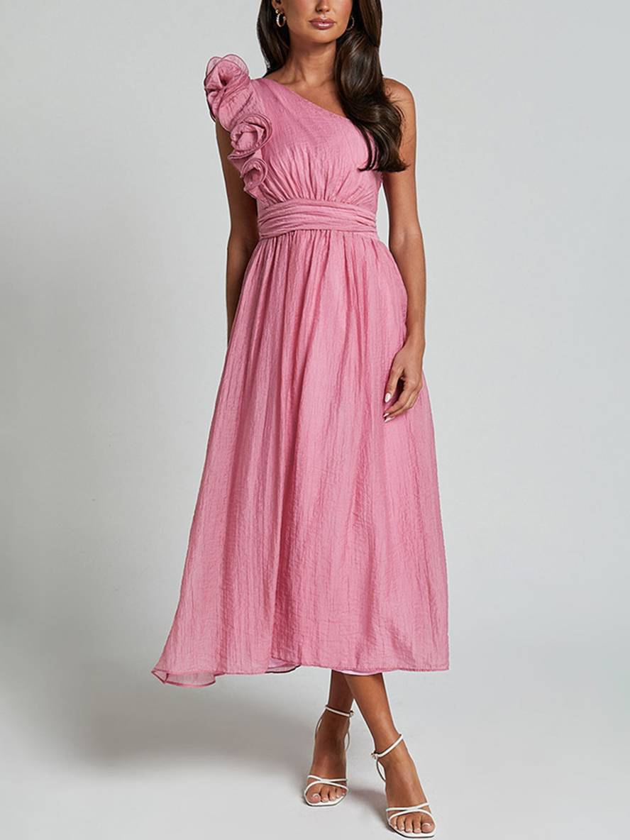 Levoire | Robe Longue À Une Épaule Fluide Avec Volants Dos Nu Sans Manches Élégante Décontractée Plage Rosa