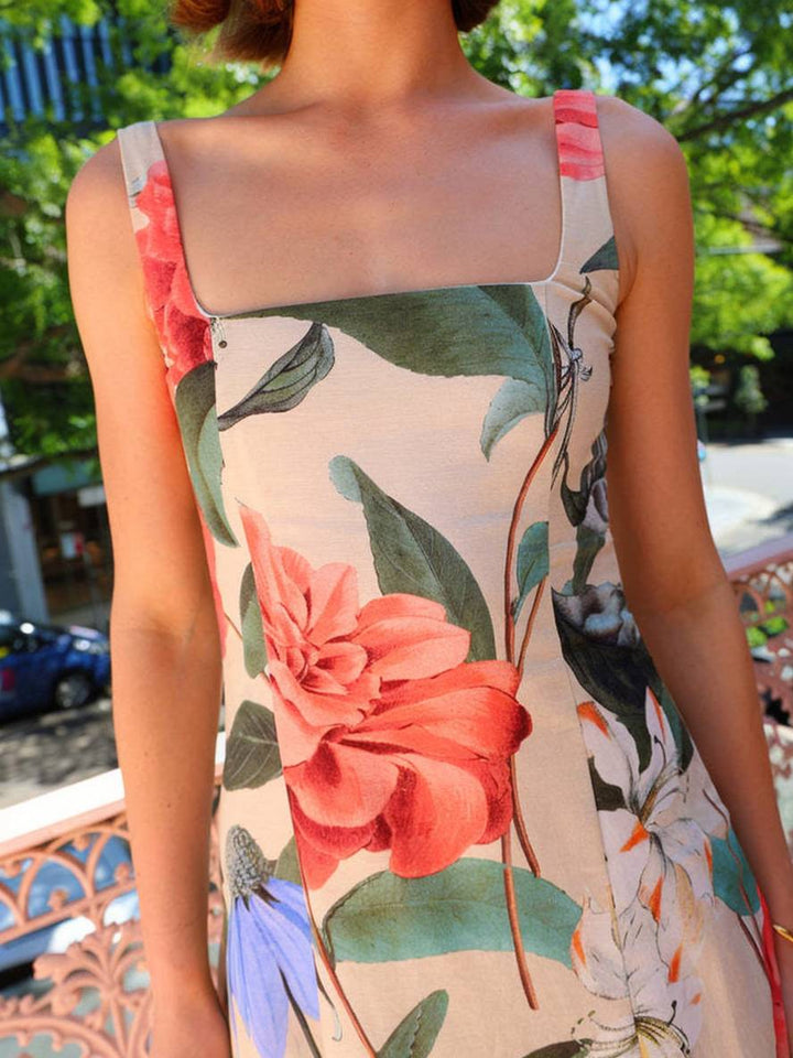 Levoire | Robe Longue À Motif Floral Bretelles Décolleté Carré Sans Manches Élégante Décontractée Vintage Soirée Plage