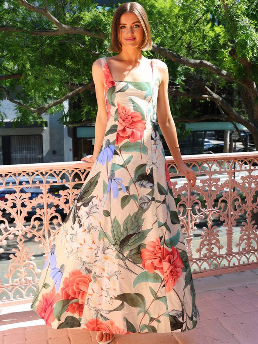 Levoire | Robe Longue À Motif Floral Bretelles Décolleté Carré Sans Manches Élégante Décontractée Vintage Soirée Plage