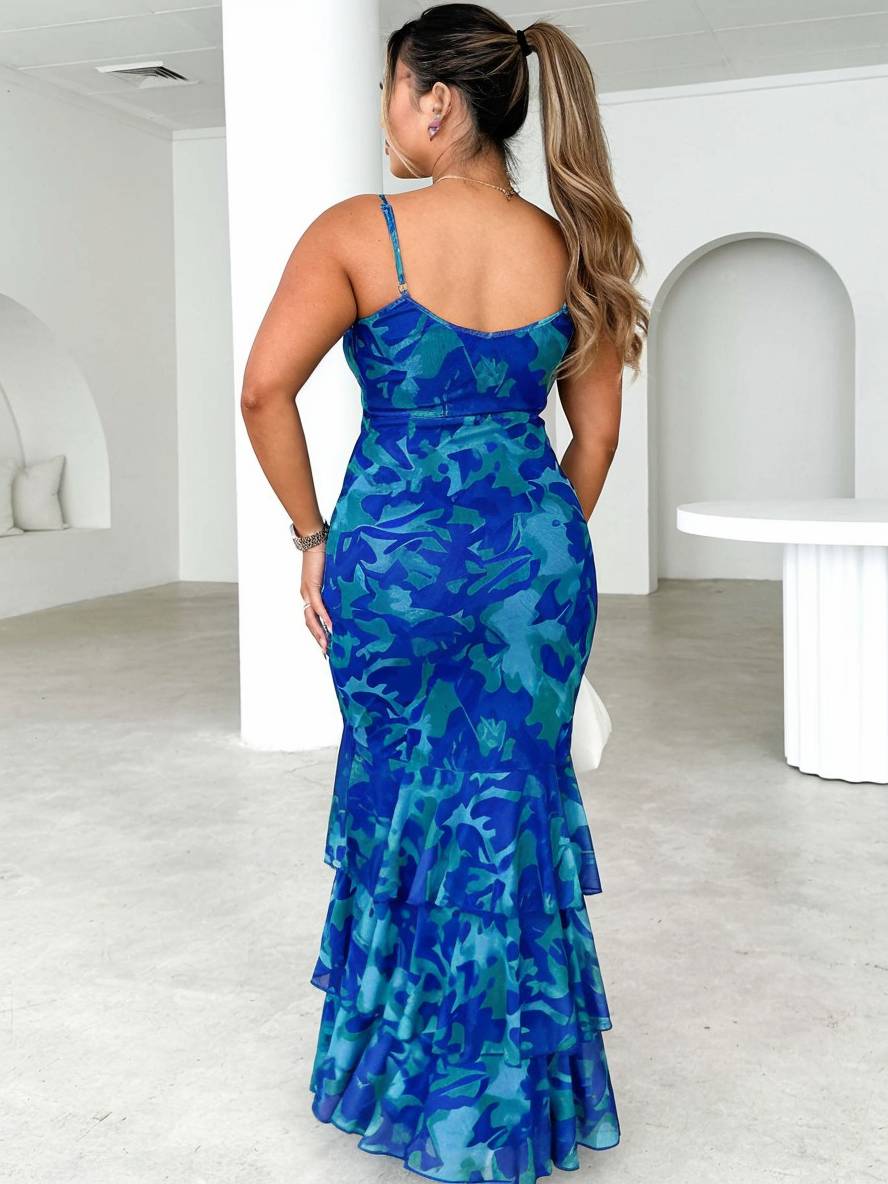 Levoire | Robe Longue Ajustée Avec Motif Fleuri Volants Sirène Décolleté En V Sans Manches Femmes Hawaii Décontracté Plage