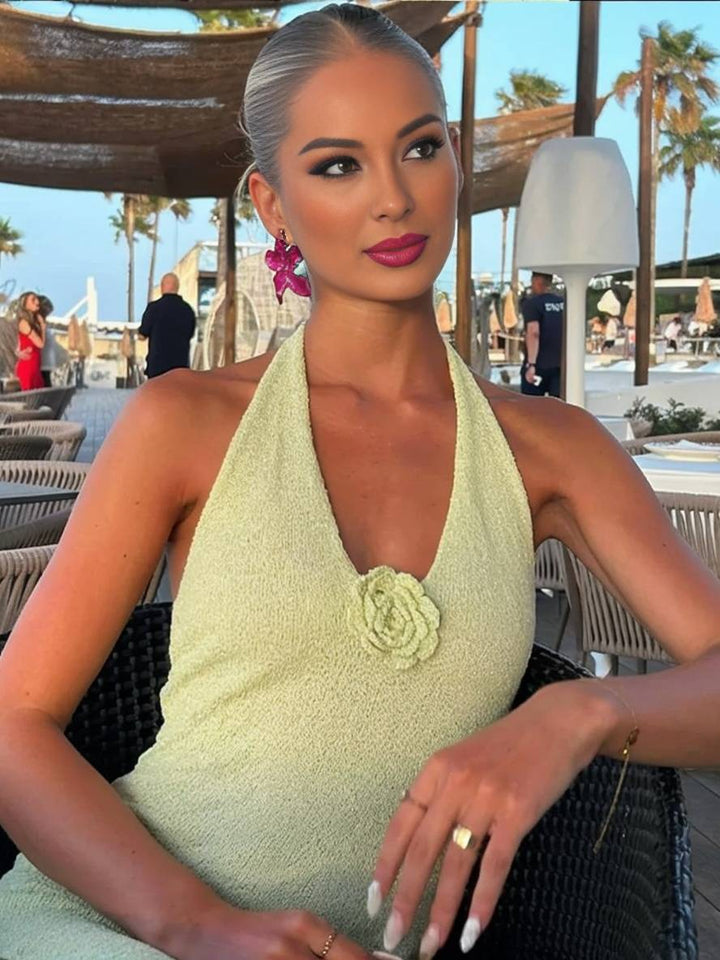 Levoire | Robe Longue À Bretelles Plissée Sur Le Côté Dos Nu Décolleté En V En Col Halter Sans Manches Femme Décontractée Robe De Plage