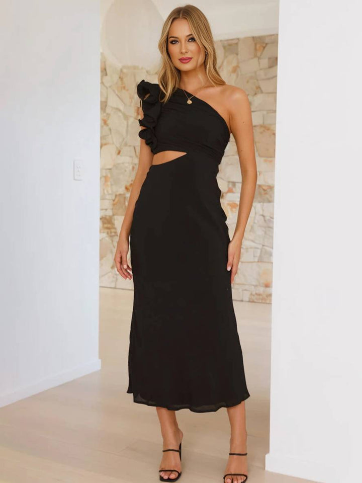 Levoire | Robe Longue Sans Manches À Épaule Unique Avec Découpes Femme Élégante Soirée Invités Mariage Bal Robe Noir