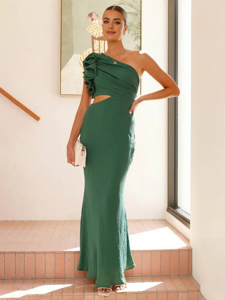 Levoire | Robe Longue Sans Manches À Épaule Unique Avec Découpes Femme Élégante Soirée Invités Mariage Bal Robe Vert