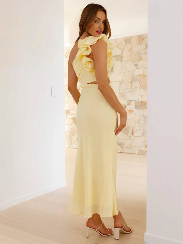 Levoire | Robe Longue Sans Manches À Épaule Unique Avec Découpes Femme Élégante Soirée Invités Mariage Bal Robe