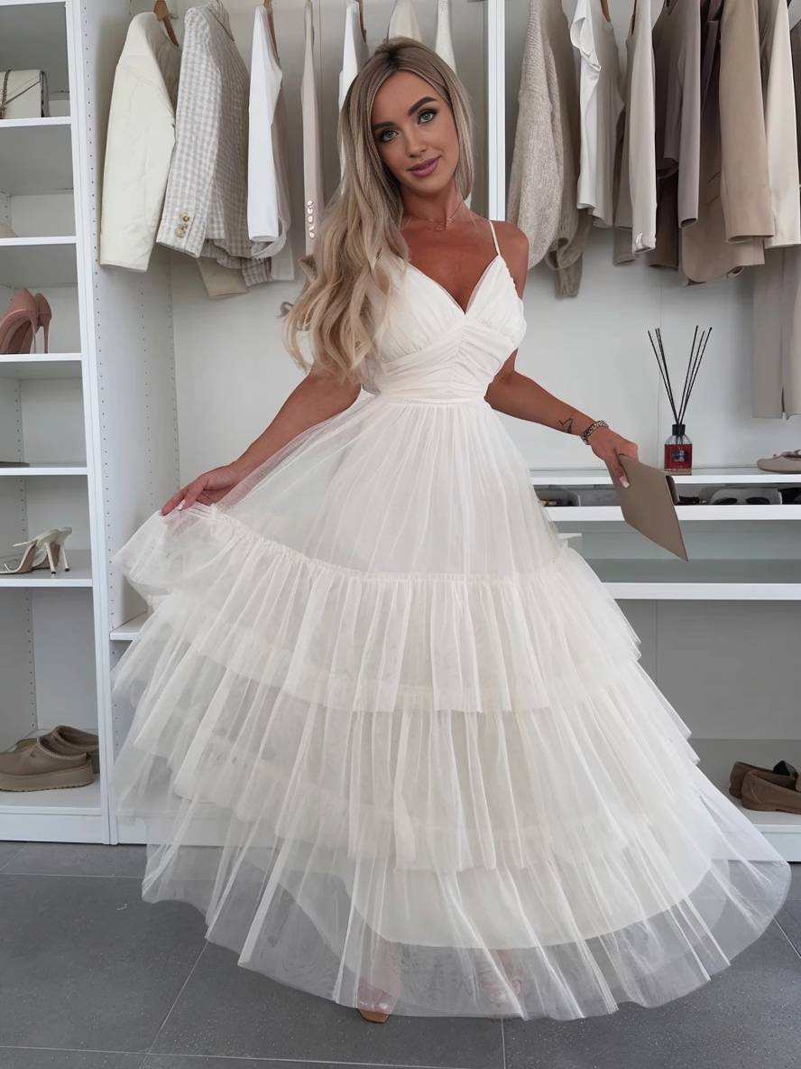 Levoire | Robe Tutu Puff Longue Avec Décolleté Tullev Et Fines Bretelles Décolleté Dos Dame Robe De Cocktail Élégante Pour Anniversaire Blanc