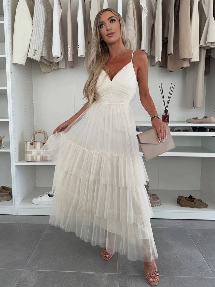 Levoire | Robe Tutu Puff Longue Avec Décolleté Tullev Et Fines Bretelles Décolleté Dos Dame Robe De Cocktail Élégante Pour Anniversaire