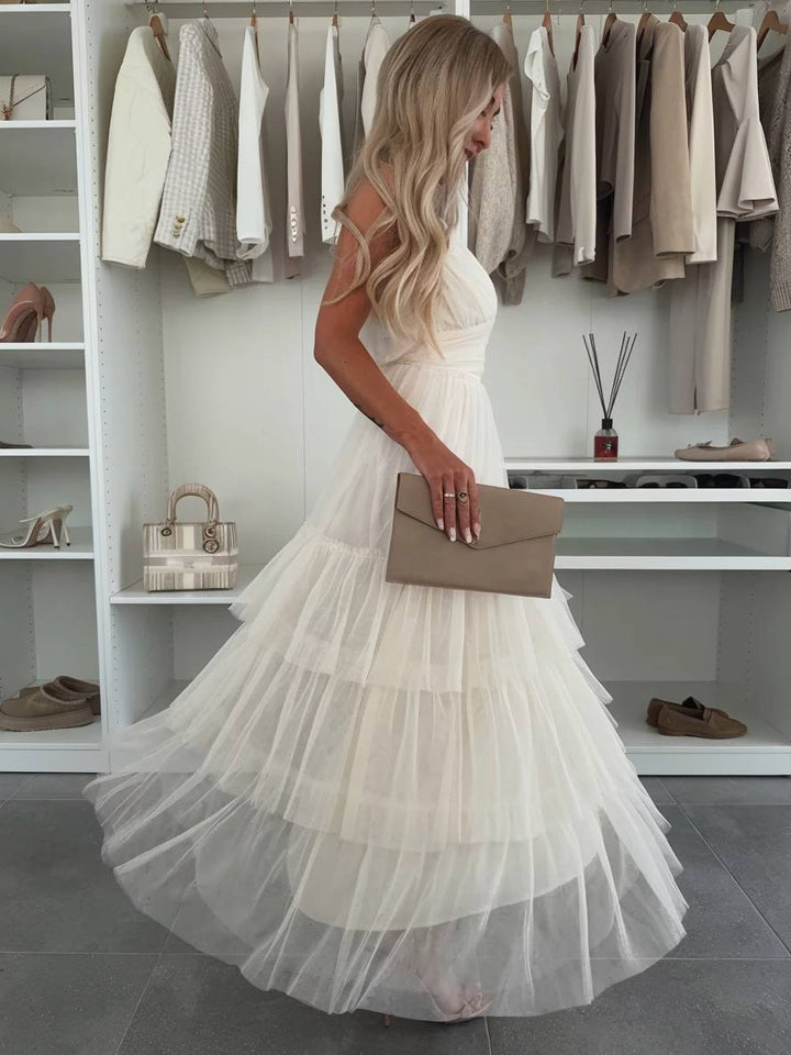 Levoire | Robe Tutu Puff Longue Avec Décolleté Tullev Et Fines Bretelles Décolleté Dos Dame Robe De Cocktail Élégante Pour Anniversaire