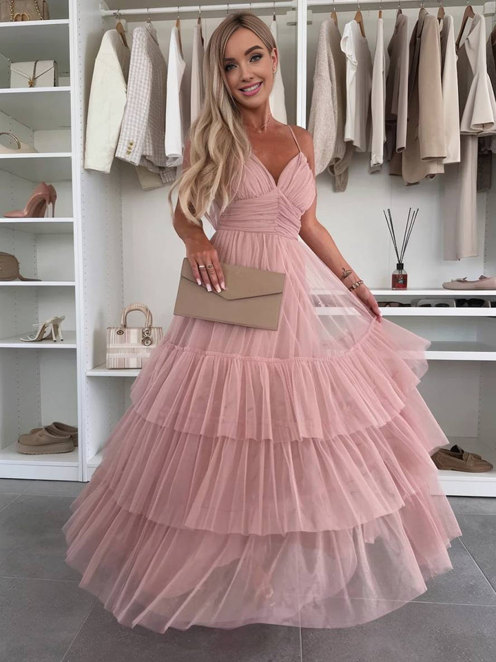 Levoire | Robe Tutu Puff Longue Avec Décolleté Tullev Et Fines Bretelles Décolleté Dos Dame Robe De Cocktail Élégante Pour Anniversaire Rosa