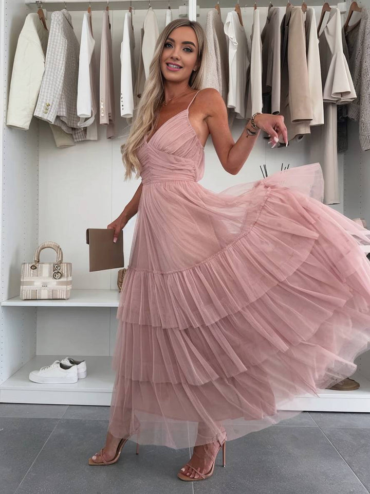 Levoire | Robe Tutu Puff Longue Avec Décolleté Tullev Et Fines Bretelles Décolleté Dos Dame Robe De Cocktail Élégante Pour Anniversaire