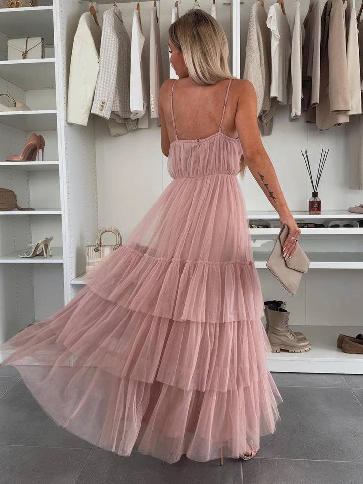 Levoire | Robe Tutu Puff Longue Avec Décolleté Tullev Et Fines Bretelles Décolleté Dos Dame Robe De Cocktail Élégante Pour Anniversaire