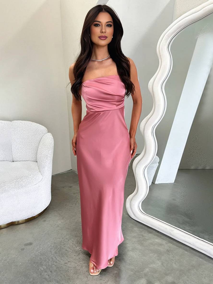 Levoire | Robe Bustier Longue En Satin Sans Dos Sans Manches Élégante Soirée Invitée Mariage Bal Prom Rosa