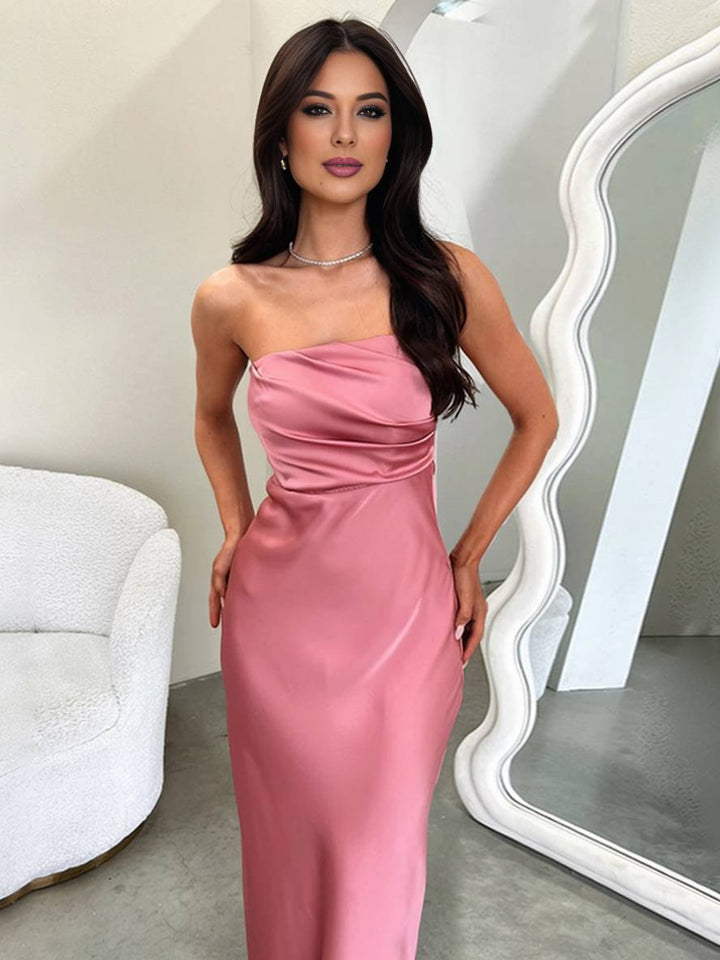 Levoire | Robe Bustier Longue En Satin Sans Dos Sans Manches Élégante Soirée Invitée Mariage Bal Prom