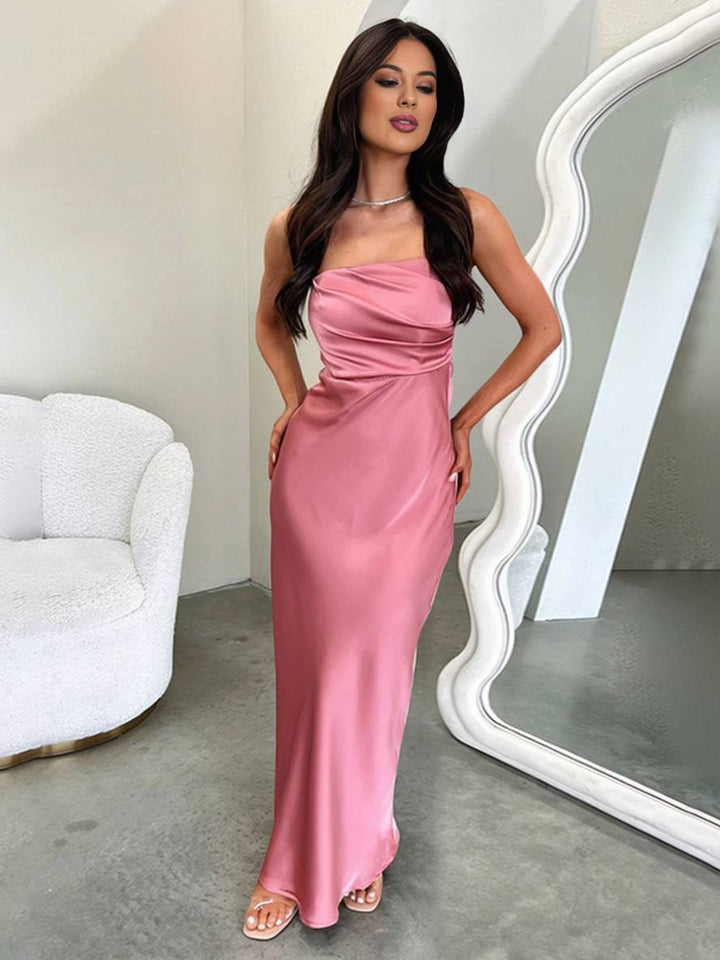 Levoire | Robe Bustier Longue En Satin Sans Dos Sans Manches Élégante Soirée Invitée Mariage Bal Prom